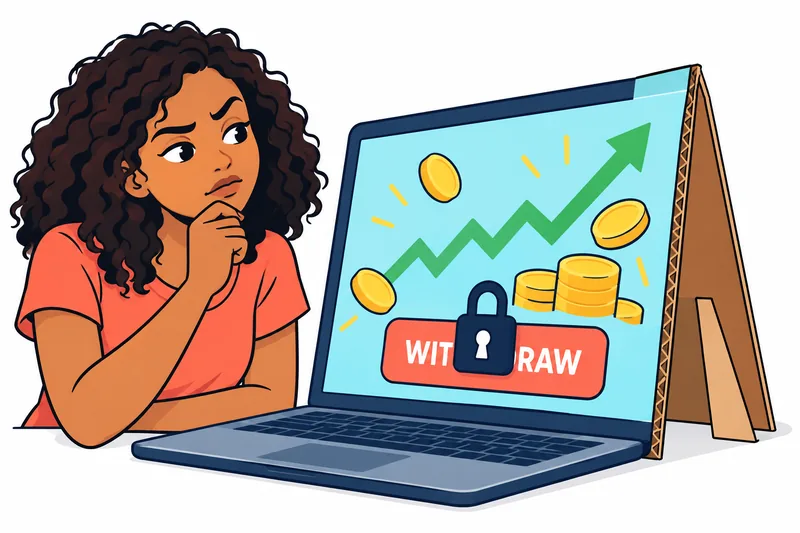 A learner studies a cardboard investment dashboard with rising profits and a padlock over its withdrawal button.