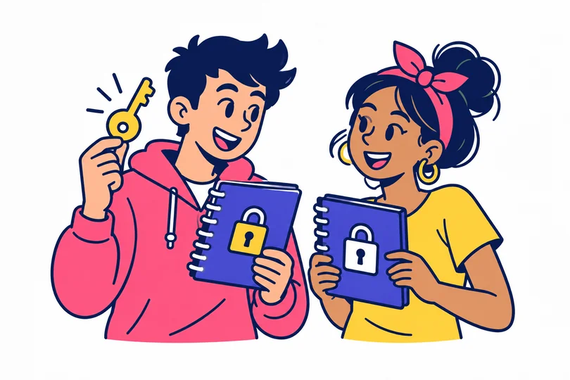 Two learners hold notebooks with lock symbols; one holds a yellow key, illustrating signing control.