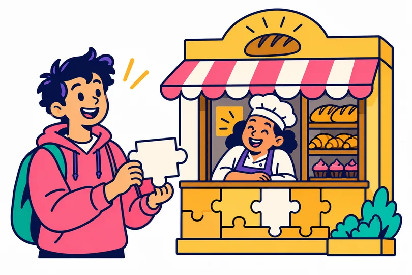 A learner holds a puzzle piece that fits a missing part of the bakery facade, illustrating ownership of part of a business.