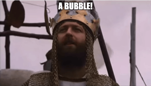 Animated film clip: knights shout A bubble! while another says it is just a correction.