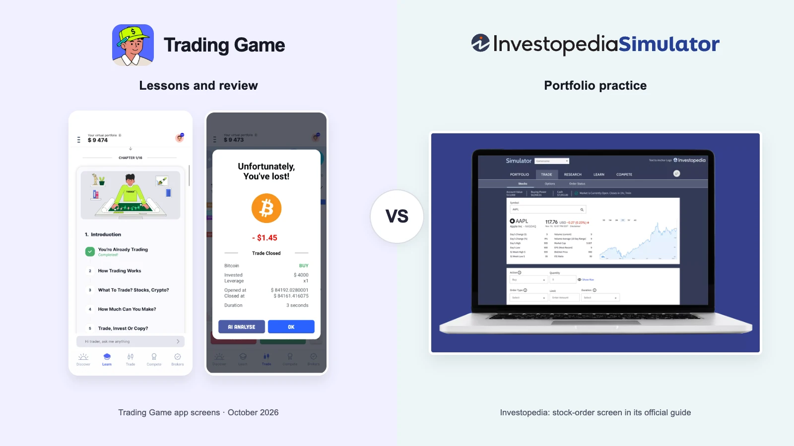 Trading Game versus Investopedia: actual interfaces side by side with each product’s logo.