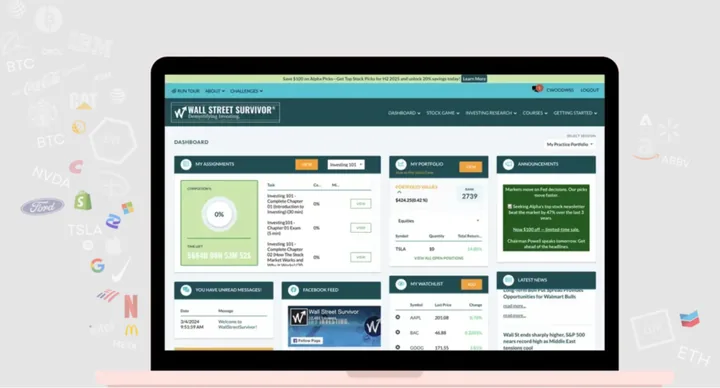 Wall Street Survivor dashboard with assignments, portfolio, watchlist and an announcements box containing a newsletter promotion