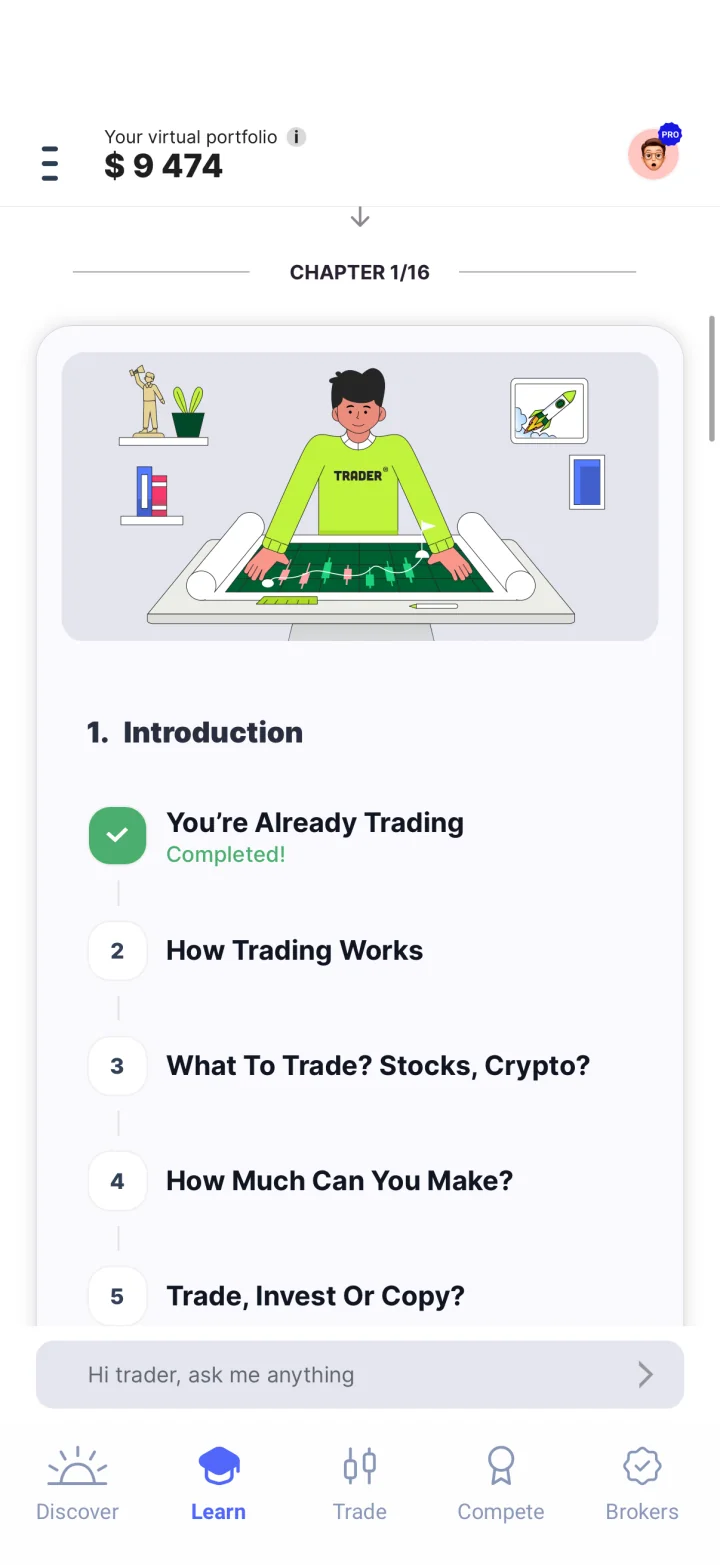 Trading Game introduction chapter with the first lesson completed and upcoming lessons listed.