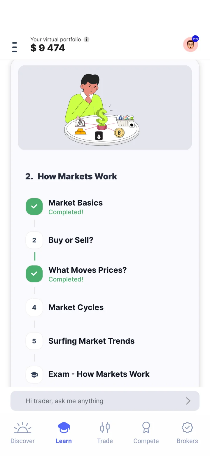 Trading Game market-basics path with completed lessons, upcoming lessons, and an exam.