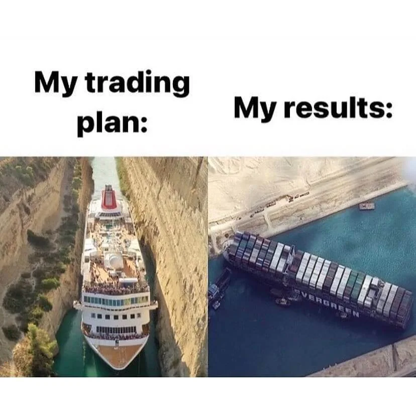 A cruise ship marked trading plan is paired with a stranded container ship marked results.