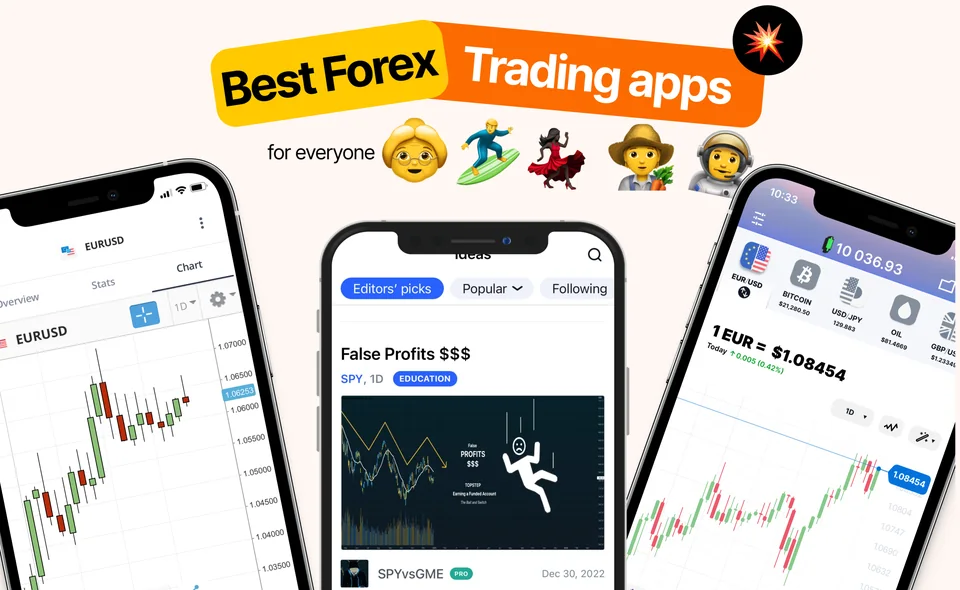 Phone screens showing forex charts and lessons