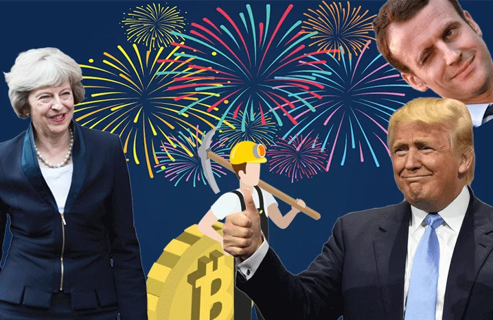 Original 2017 market-events composition with Theresa May, Emmanuel Macron, Donald Trump and a Bitcoin miner.