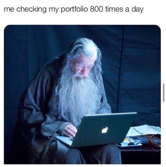 Gandalf at a laptop illustrates a caption about checking a portfolio repeatedly.