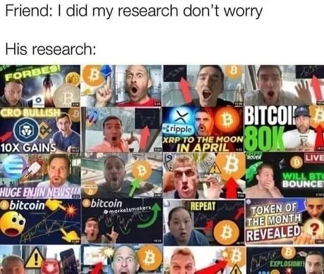 A promise of careful research is followed by a collage of sensational crypto video thumbnails.