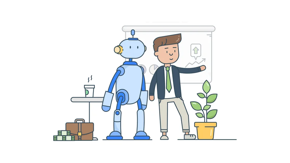 Original illustration of a robot and a person presenting a chart