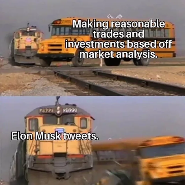 A train representing planned trades is struck by a train labelled Elon Musk tweets.