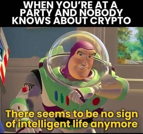 Buzz Lightyear at a party jokes about nobody knowing about crypto.