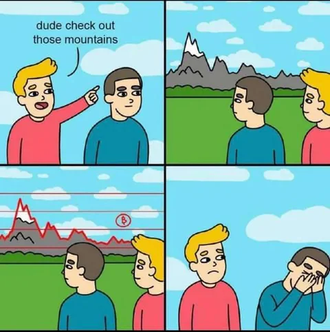 Four-panel cartoon: a mountain skyline reminds a walker of a falling price chart.